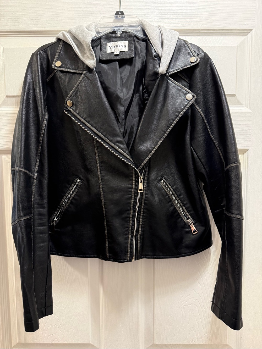 Vigoss Black Faux Leather Moto Jacket with Gray Hood Insert